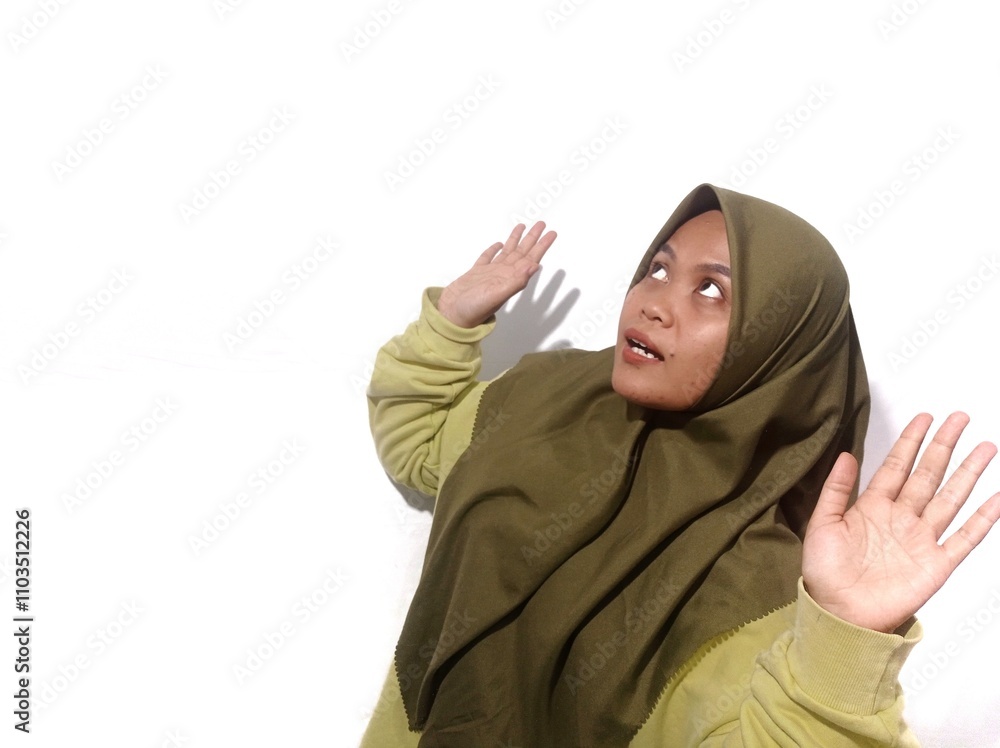 woman with a surprised expression and looking up woman with a surprised expression and looking up