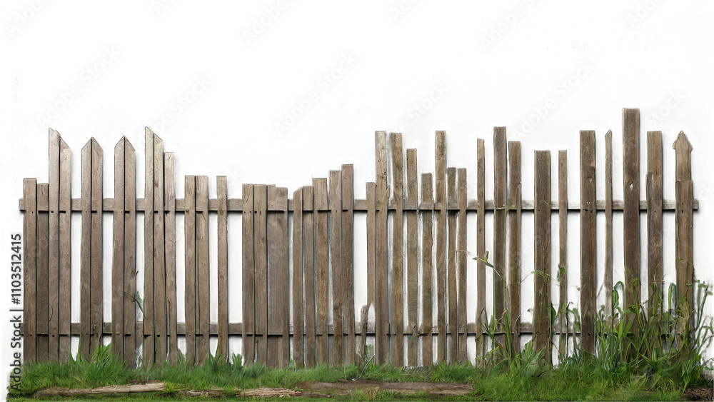 Fototapeta premium Weathered wooden fence with uneven heights and gaps, showing age and wear. Grass and weeds grow at the base transparent background