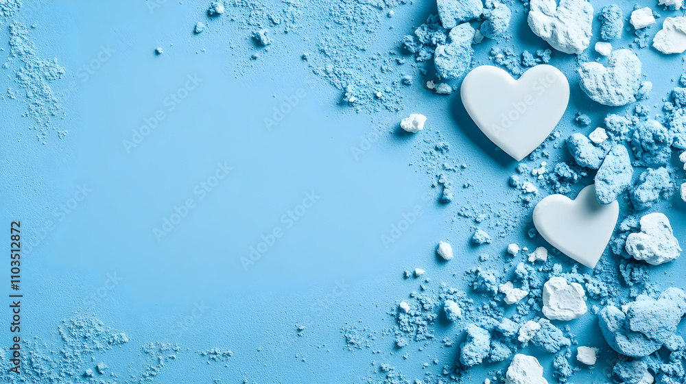 Light Blue Background with Heart Shapes and Crushed Powdered Texture Light Blue Background with Heart Shapes and Crushed Powdered Texture