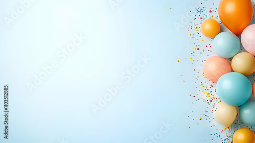 Colorful Balloons and Confetti on Soft Blue Background