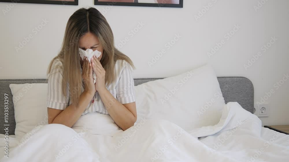 Sick woman with flu blowing nose into tissue while sitting on bed at home Concept of illness fatigue, and discomfort Perfect for illustrating symptoms recovery process or awareness about disease Sick woman with flu blowing nose into tissue while sitting on bed at home Concept of illness fatigue, and discomfort Perfect for illustrating symptoms recovery process or awareness about disease