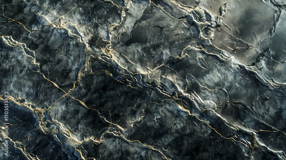 Fototapeta premium Close up of a marble texture with swirling blue and gold veins.