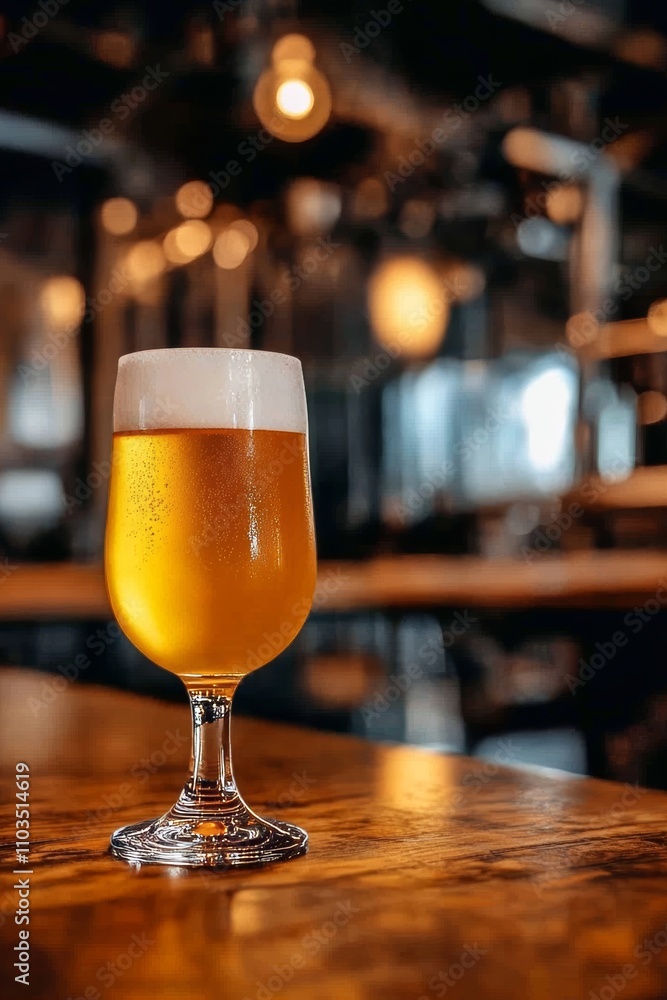 A Cold, Refreshing Glass of Golden Beer on a Wooden Bar, Illuminated by Warm Bar Lights A Cold, Refreshing Glass of Golden Beer on a Wooden Bar, Illuminated by Warm Bar Lights