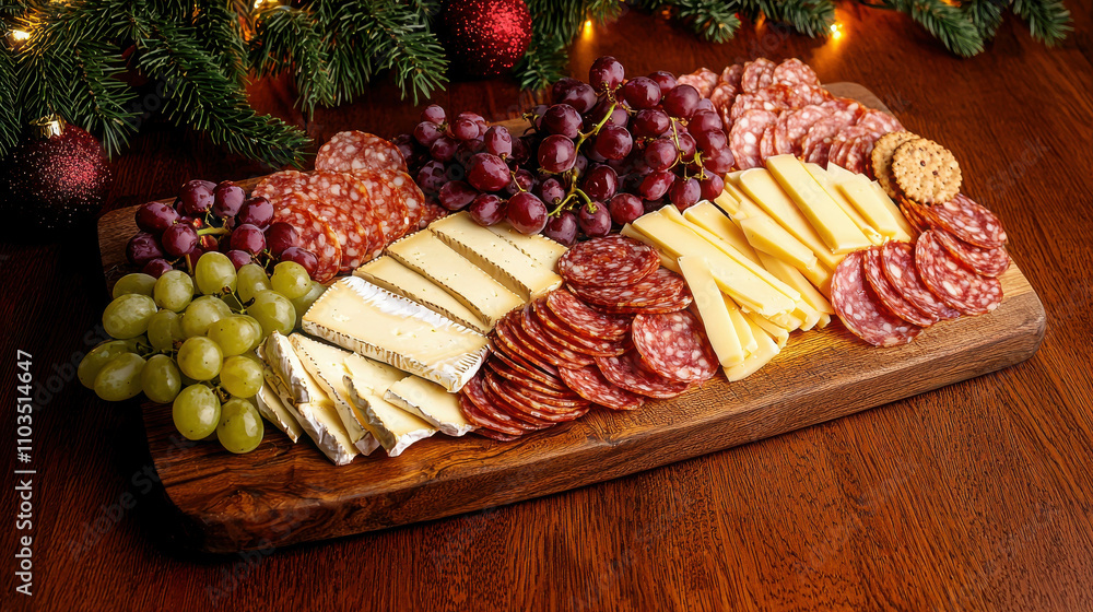 Assorted Charcuterie Board with Cheese, Grapes, Salami, and Crackers on Wooden Table Assorted Charcuterie Board with Cheese, Grapes, Salami, and Crackers on Wooden Table