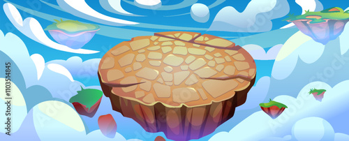 Battle arena or flying ground island for game ui design. Cartoon vector illustration of round platform with cracks and stones floating in blue sky with clouds. Fantasy battleground podium or portal.