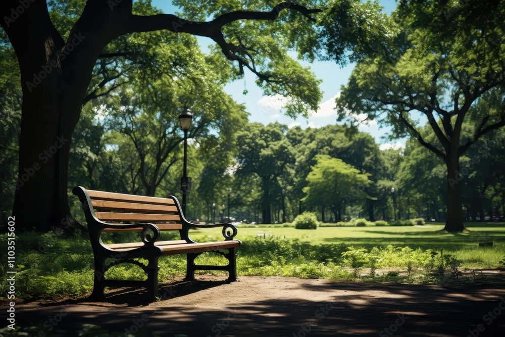 Tranquil Park Scene with a Wooden Bench Surrounded by Lush Green Trees and Sunlit Pathway in a Peaceful Urban Oasis