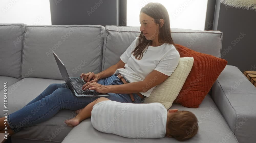 Woman working on laptop while son sleeps on couch in cozy living room Woman working on laptop while son sleeps on couch in cozy living room
