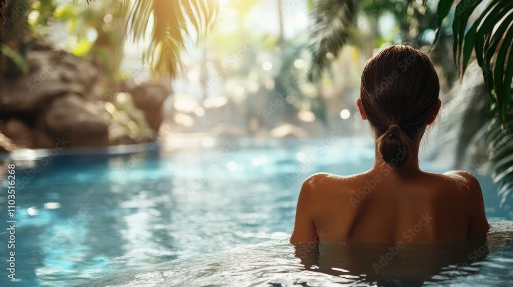 Serene woman relaxing in a lush, tranquil pool setting. Serene woman relaxing in a lush, tranquil pool setting.
