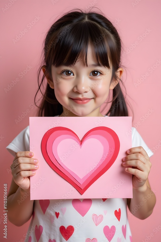 Asian young girl holding heart-shaped card with pink background Asian young girl holding heart-shaped card with pink background