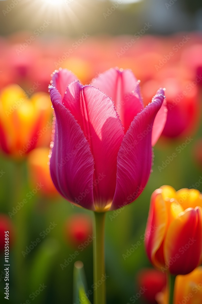 Vibrant pink tulip in sunlit field with dew-kissed petals Vibrant pink tulip in sunlit field with dew-kissed petals