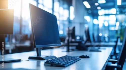 Modern office workspace with computer setup and natural lighting.