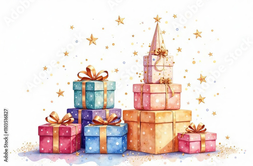 Gift boxes stacked in a tower shape, white background.