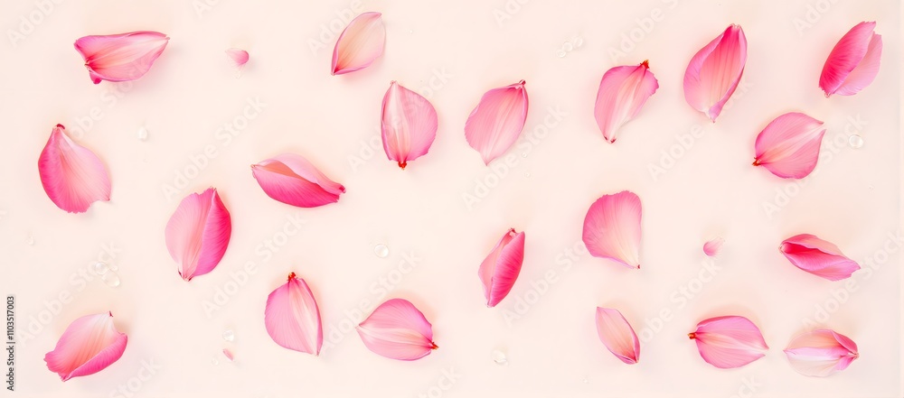 Elegant arrangement of pink petals with dew on light background Elegant arrangement of pink petals with dew on light background