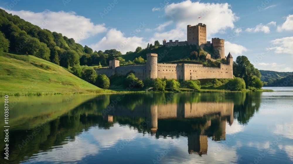Majestic medieval castle reflected in a calm lake, surrounded by lush green hills under a vibrant blue sky. Majestic medieval castle reflected in a calm lake, surrounded by lush green hills under a vibrant blue sky.