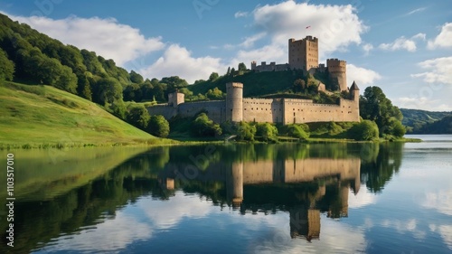 Majestic medieval castle reflected in a calm lake, surrounded by lush green hills under a vibrant blue sky.