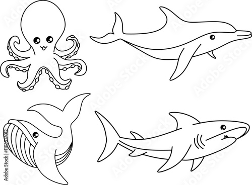 Octopus, dolphin, whale, and shark for coloring book