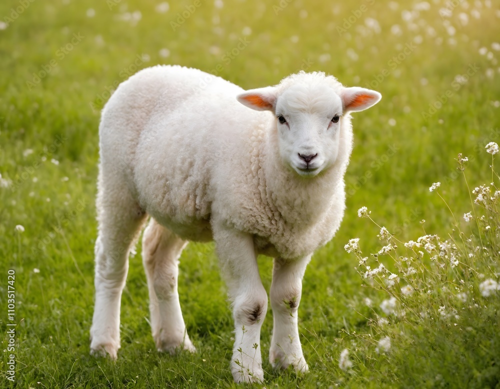Charming lamb in sunny meadow surrounded by lush green grass Charming lamb in sunny meadow surrounded by lush green grass