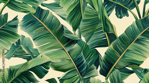 Tropical banana leaf pattern on a beige background.