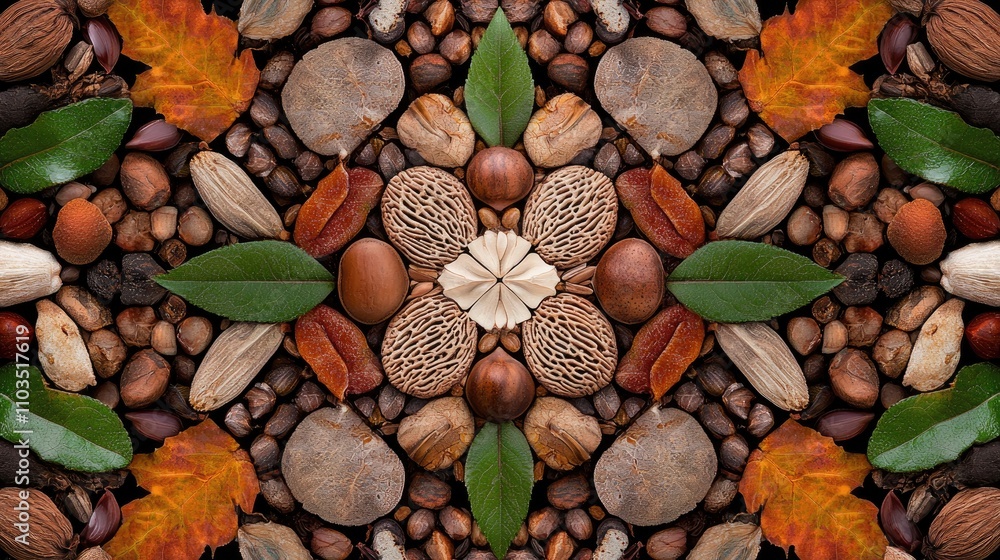 A symmetrical arrangement of various seeds, nuts, leaves, and autumn elements, creating a natural, harmonious design. A symmetrical arrangement of various seeds, nuts, leaves, and autumn elements, creating a natural, harmonious design.