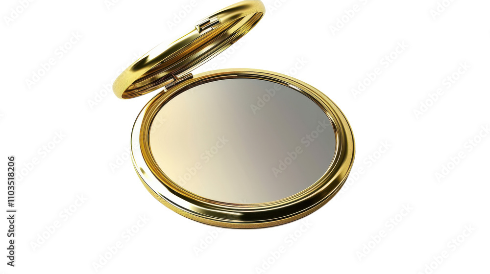 Elegant gold compact mirror resting on a white surface, reflecting light and showcasing its smooth finish. Elegant gold compact mirror resting on a white surface, reflecting light and showcasing its smooth finish.