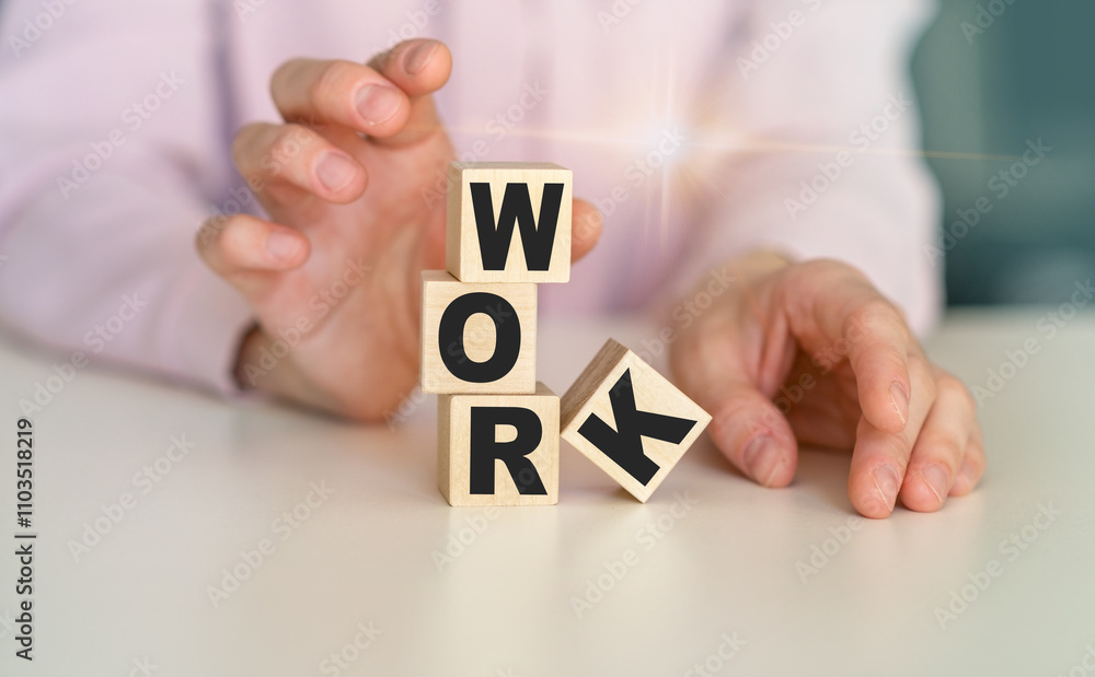 Text wooden cubes spelling is work on office table Text wooden cubes spelling is work on office table