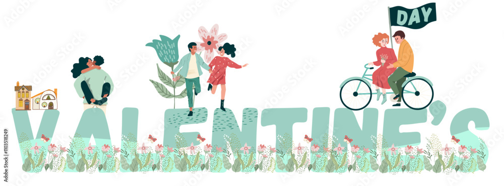 Fototapeta premium Valentine's Day text. Love story, relationship, couple. Vector background, backdrop for Valentines Day. Flyer, invitation, sticker, banner. Vector illustration.