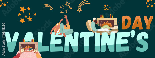  Valentine's Day text. Love story, relationship, couple. Vector background, backdrop for Valentines Day.  Flyer, invitation, sticker, banner. Vector illustration.