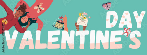  Valentine's Day text. Love story, relationship, couple. Vector background, backdrop for Valentines Day.  Flyer, invitation, sticker, banner. Vector illustration.