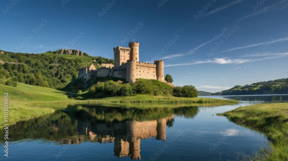 Majestic medieval castle reflected in tranquil lake at sunrise. Majestic medieval castle reflected in tranquil lake at sunrise.