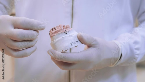 Dental prosthesis, prosthetics work. Close up of prosthetic's hands while working on the denture. Selective focus. photo