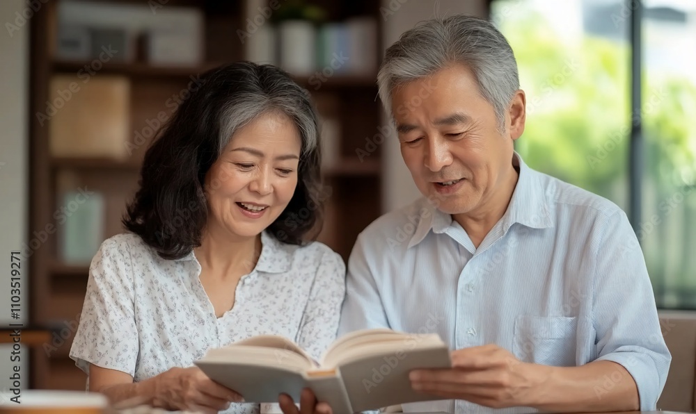 Happy senior Asian couple reading a book together at home. Happy senior Asian couple reading a book together at home.