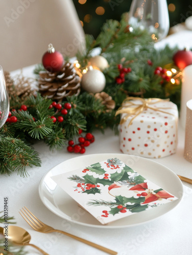 Festive table setup with holiday decorations, gift box, and greenery creates warm atmosphere for celebrations