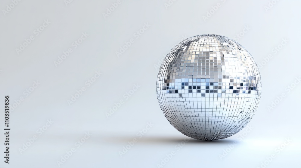 Elegant silver disco ball with intricate tile patterns and shimmering light, on a plain white background Elegant silver disco ball with intricate tile patterns and shimmering light, on a plain white background