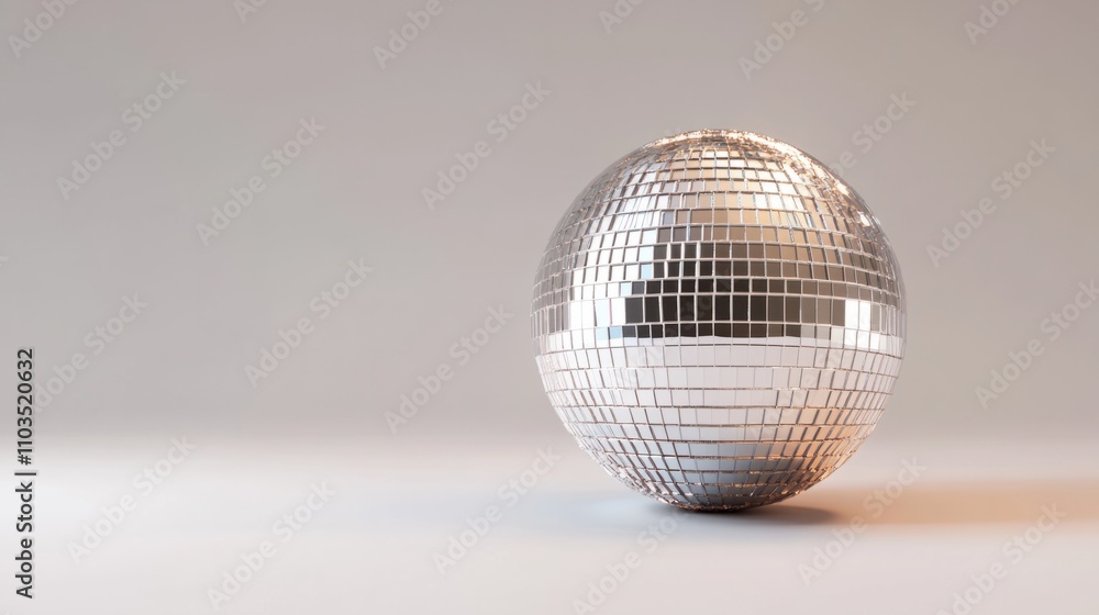 Retro-style shiny disco ball with mirror tiles reflecting vibrant light, on a plain white background Retro-style shiny disco ball with mirror tiles reflecting vibrant light, on a plain white background