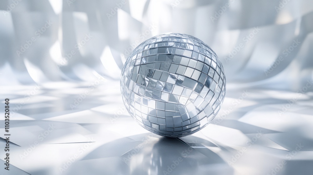 Rotating disco ball with silver tiles and dynamic light reflections, captured mid-motion, on white Rotating disco ball with silver tiles and dynamic light reflections, captured mid-motion, on white