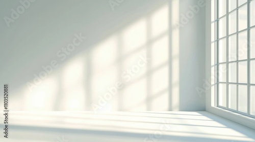 Minimal abstract light gray background for product presentation. Soft shadow and light from windows on white wall.