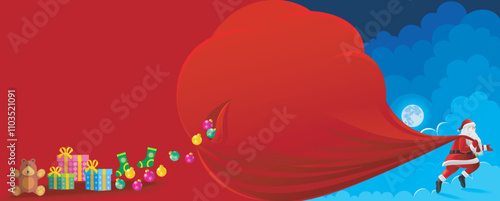 A big red bag full of gifts carried by Santa Clause and dropping gifts.
