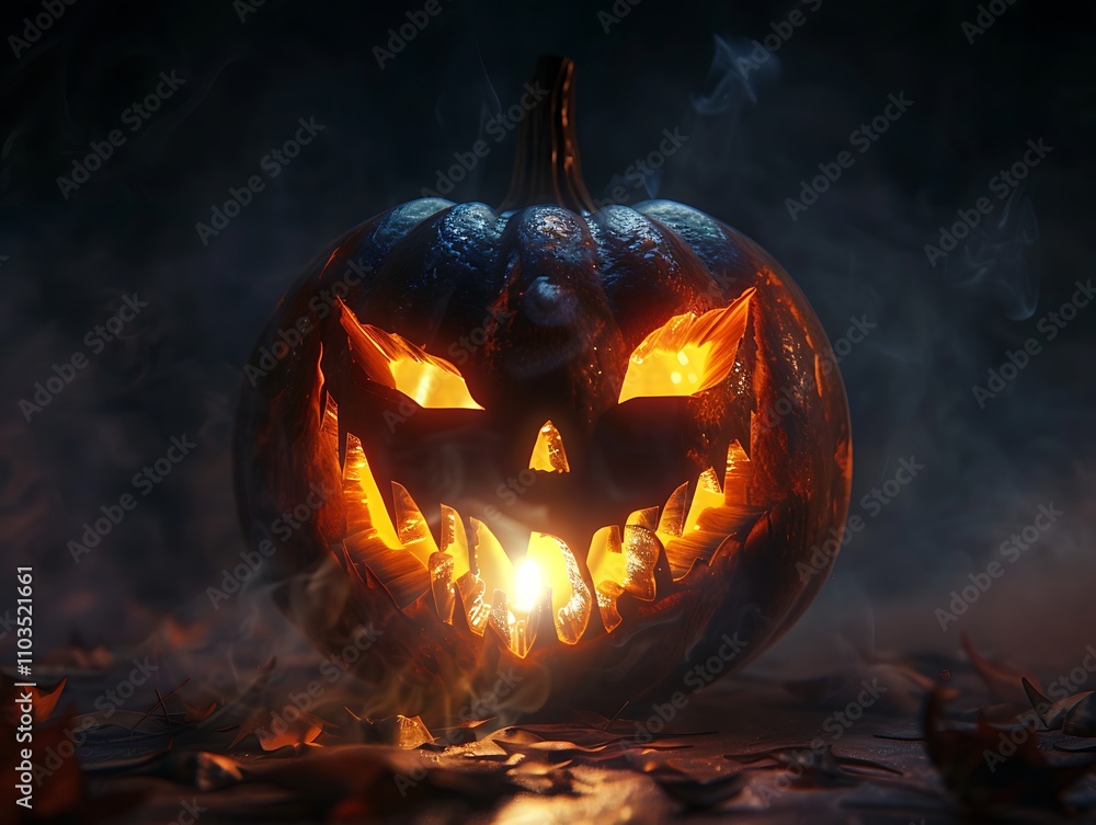 A glowing, carved pumpkin with a menacing face, surrounded by mist, embodies the spooky spirit of Halloween. A glowing, carved pumpkin with a menacing face, surrounded by mist, embodies the spooky spirit of Halloween.