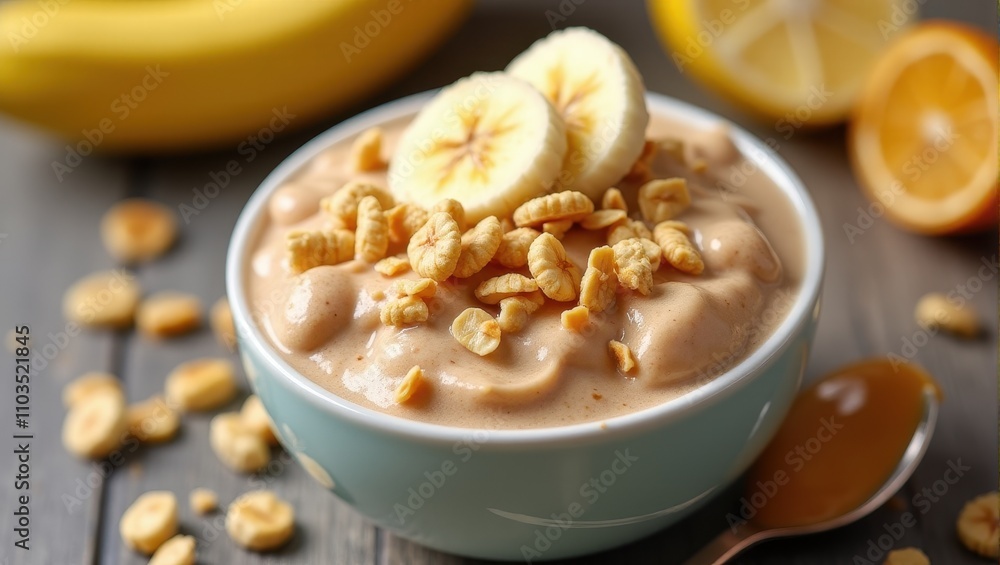Creamy banana smoothie bowl topped with crunchy cereal, served in a blue bowl on a rustic wooden table Creamy banana smoothie bowl topped with crunchy cereal, served in a blue bowl on a rustic wooden table