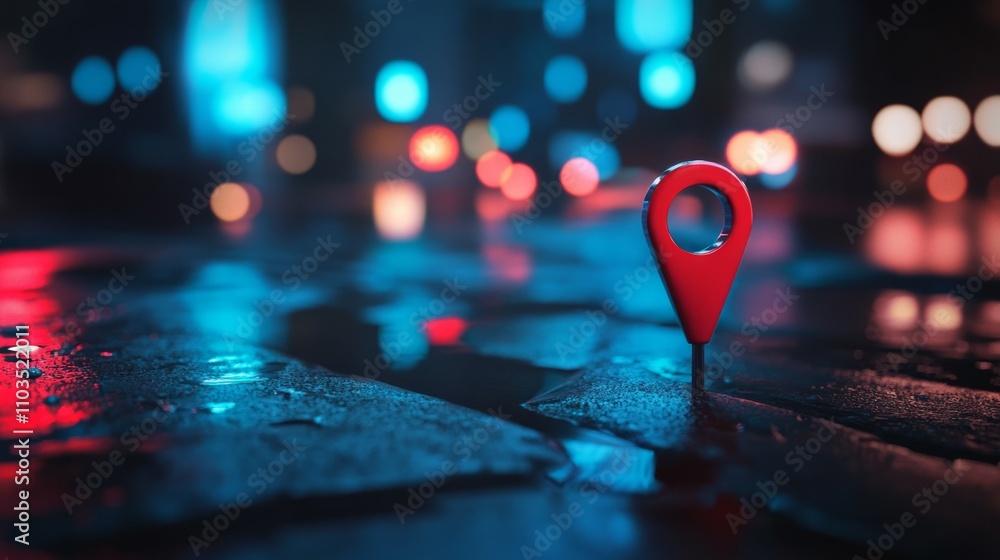 red location icon on illuminated street background red location icon on illuminated street background