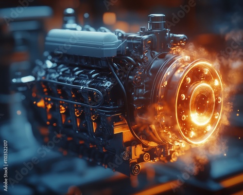 Atmospheric Image High-Efficiency Combustion Engine, Vaporized Petrol, Energy Optimization, A stunning visual representation of a powerful yet efficient combustion engine, enveloped in vaporized photo