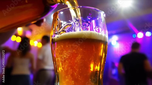 Pouring beer in glass while people dance in nightclub. Close up