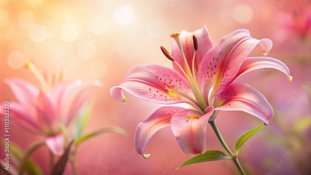 Delicate Pink Coral Lily Flower on a Soft Pink Nature Background - Artistic Tilt-Shift Photography with Ample Copy Space for Creative Designs Delicate Pink Coral Lily Flower on a Soft Pink Nature Background - Artistic Tilt-Shift Photography with Ample Copy Space for Creative Designs
