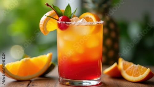 Tequila Sunrise Cocktail - A vibrant tropical cocktail with orange and cherry garnishes sits on a wooden table, surrounded by fresh orange slices and a blurred green background