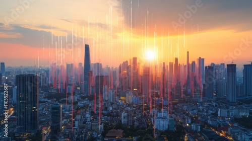 Wallpaper Mural A minimalist stock market chart overlaying a cityscape background at sunset. Torontodigital.ca