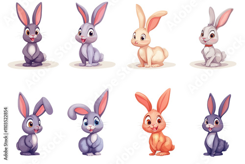 Colorful cartoon rabbits, various poses and expressions, playful and cute designs, suitable for children's illustrations, isolated on transparent background, png