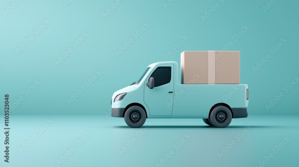3D rendering of a light blue delivery truck with a large cardboard box on the back. The truck is parked on a plain light blue background. 3D rendering of a light blue delivery truck with a large cardboard box on the back. The truck is parked on a plain light blue background.