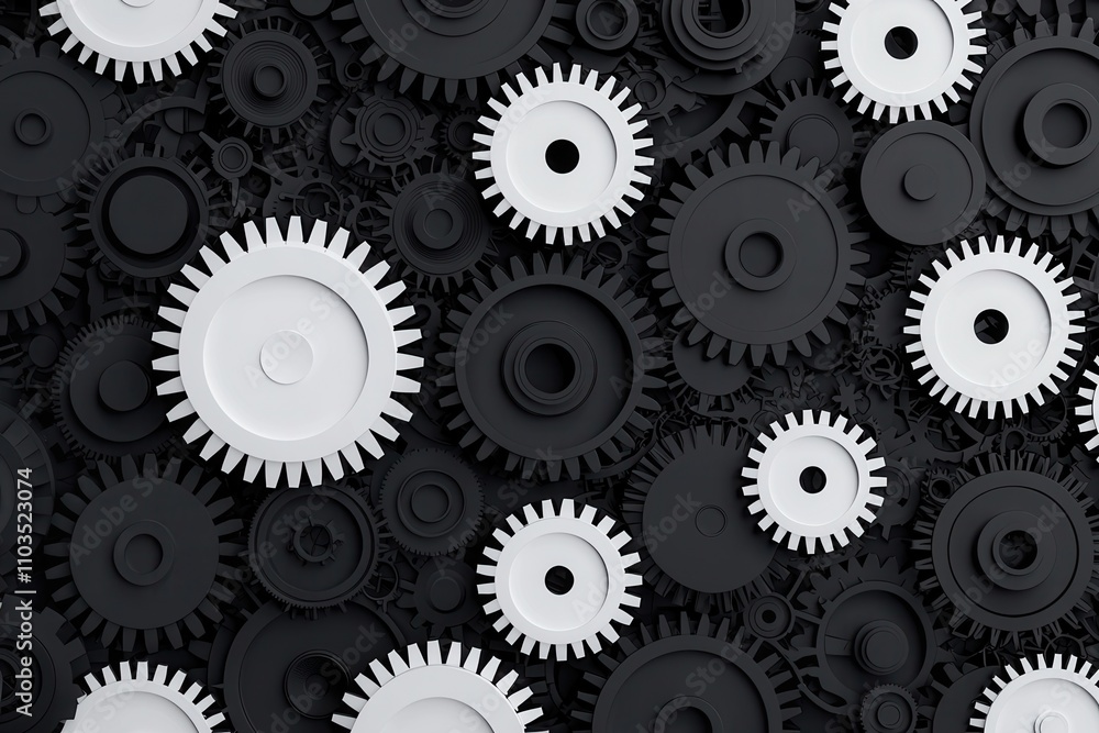 Outline sketch and guideline concept, A collection of interlocking black and white gears arranged in an artistic pattern, showcasing mechanical design and engineering aesthetics. Outline sketch and guideline concept, A collection of interlocking black and white gears arranged in an artistic pattern, showcasing mechanical design and engineering aesthetics.
