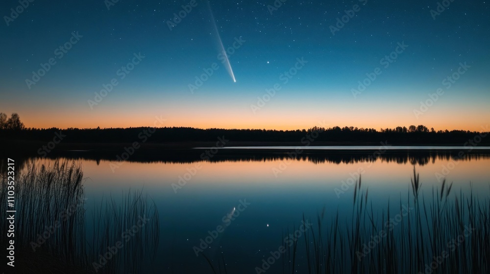 Dobrush, Belarus. Comet Neowise C2020f3 Anf Rising Moon In Night Starry Sky Reflected In Small Lake Waters Dobrush, Belarus. Comet Neowise C2020f3 Anf Rising Moon In Night Starry Sky Reflected In Small Lake Waters