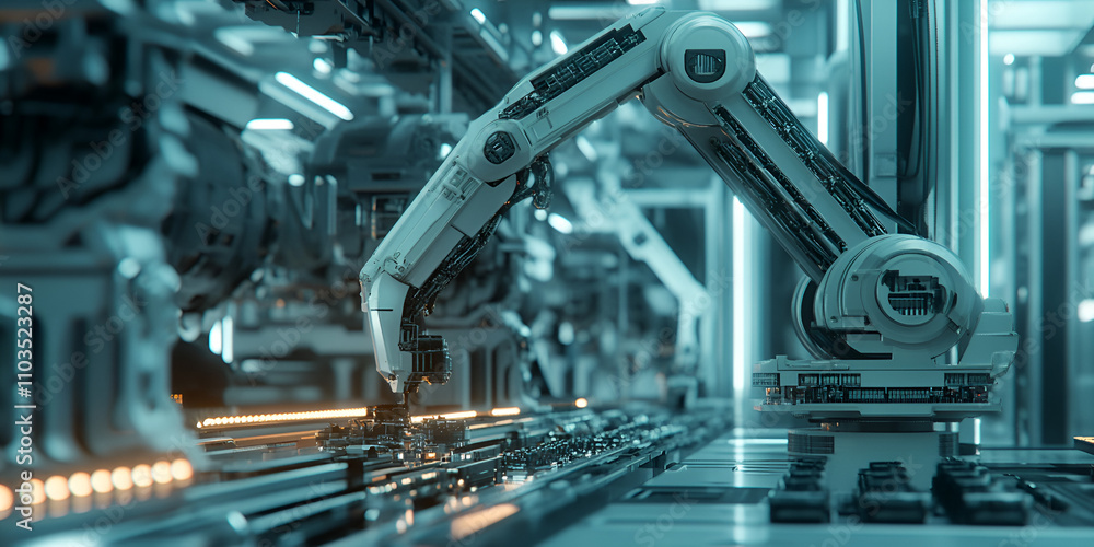 Fototapeta premium Automated Robotic Arm Operating in High-Tech Manufacturing Facility